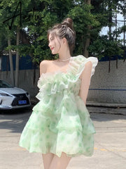 Aiertu  French Ruffled Dress Sweet Off Shoulder Women's Summer Sleeveless Short Floral Dress Party High Waist A-line Fairy Dress Vestido Aiertu