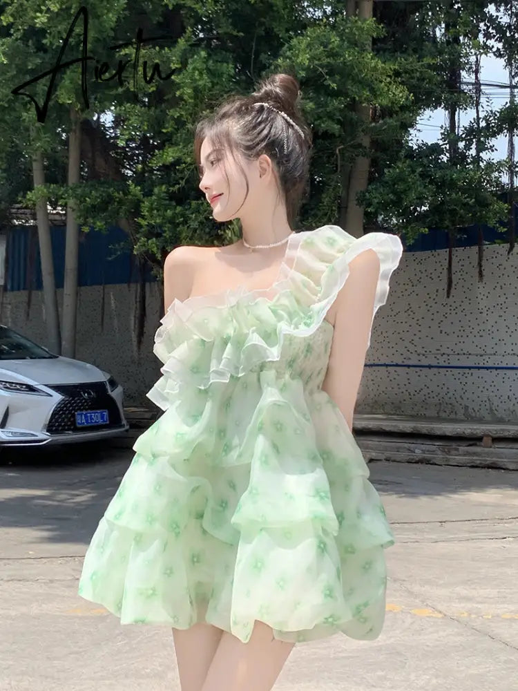 Aiertu  French Ruffled Dress Sweet Off Shoulder Women's Summer Sleeveless Short Floral Dress Party High Waist A-line Fairy Dress Vestido Aiertu