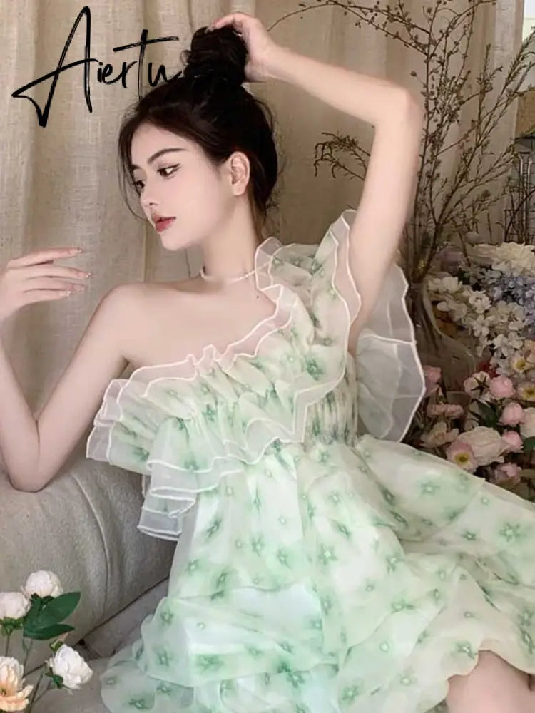 Aiertu  French Ruffled Dress Sweet Off Shoulder Women's Summer Sleeveless Short Floral Dress Party High Waist A-line Fairy Dress Vestido Aiertu