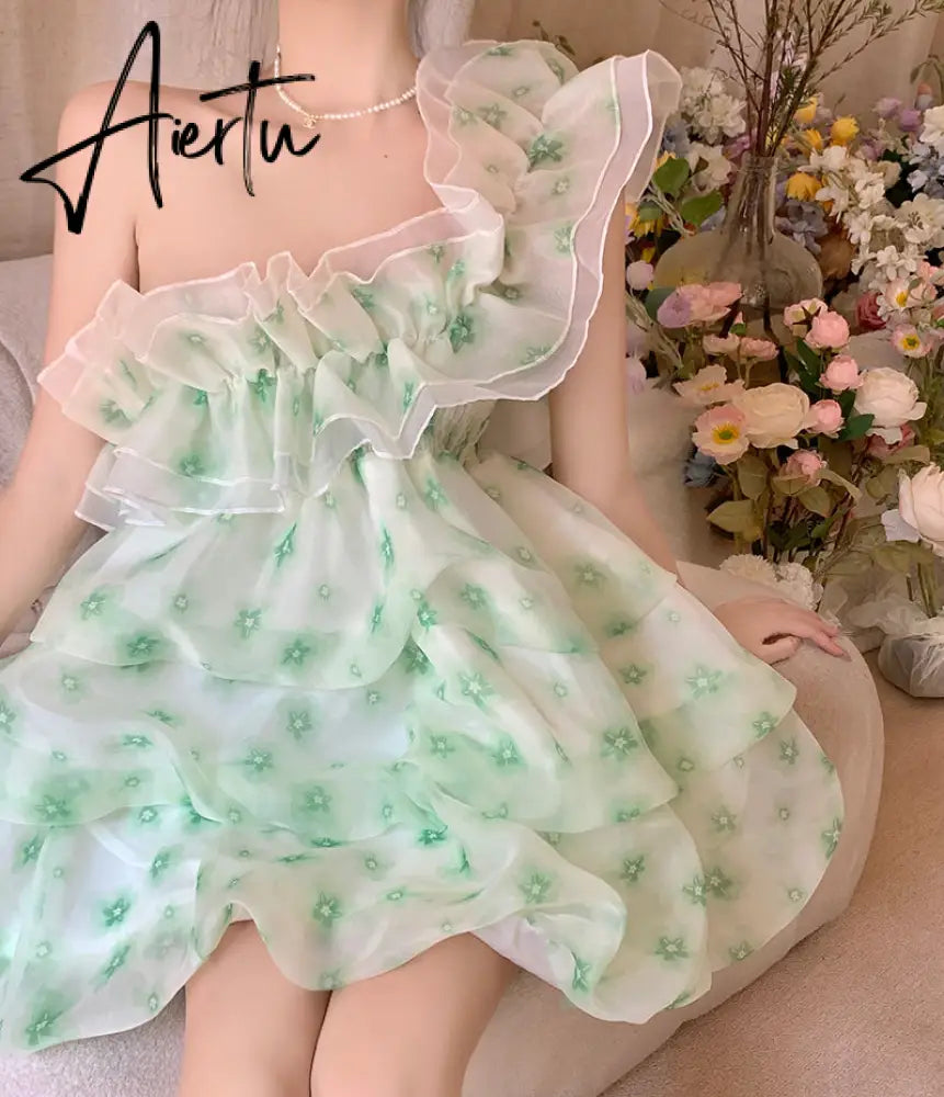Aiertu  French Ruffled Dress Sweet Off Shoulder Women's Summer Sleeveless Short Floral Dress Party High Waist A-line Fairy Dress Vestido Aiertu