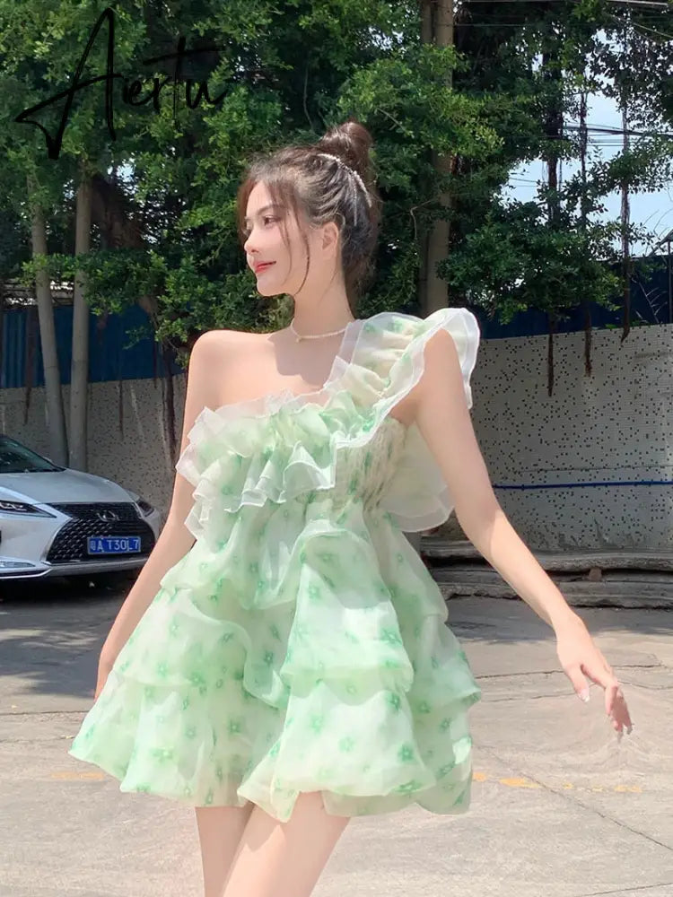 Aiertu  French Ruffled Dress Sweet Off Shoulder Women's Summer Sleeveless Short Floral Dress Party High Waist A-line Fairy Dress Vestido Aiertu