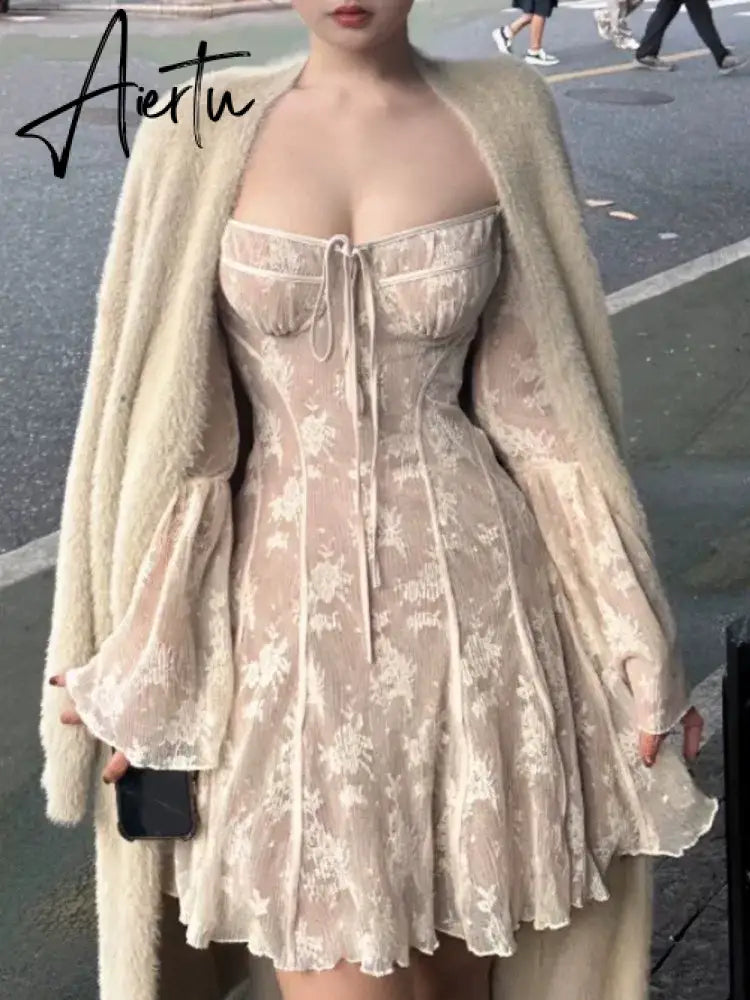 Aiertu French Sexy Lace Mini Dress Women Y2K Off Shoulder Lace Up Ruffles A-line Autumn Spring Long Sleeve Party Dress Prom Vestidos Aiertu