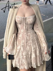 Aiertu French Sexy Lace Mini Dress Women Y2K Off Shoulder Lace Up Ruffles A-line Autumn Spring Long Sleeve Party Dress Prom Vestidos Aiertu