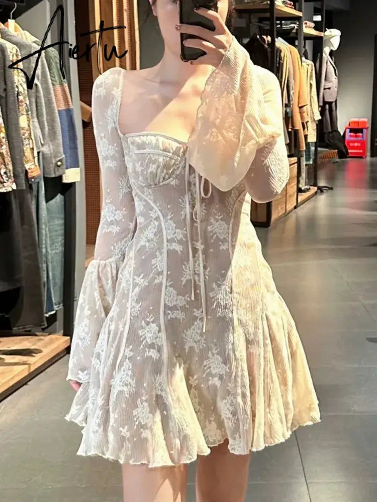 Aiertu French Sexy Lace Mini Dress Women Y2K Off Shoulder Lace Up Ruffles A-line Autumn Spring Long Sleeve Party Dress Prom Vestidos Aiertu