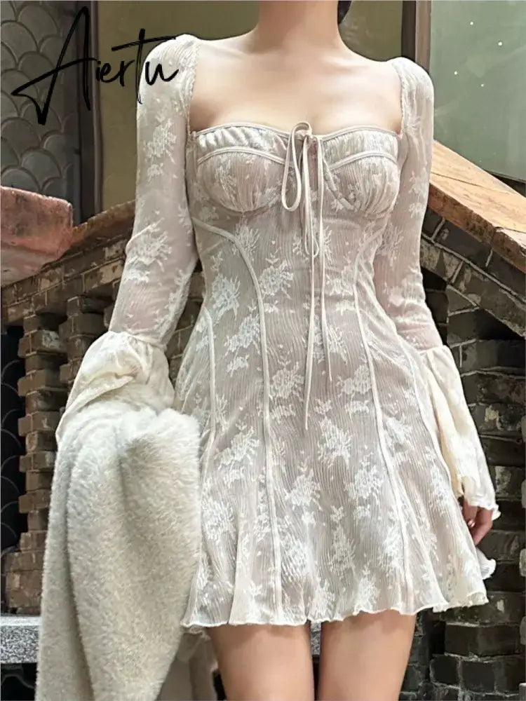 Aiertu French Sexy Lace Mini Dress Women Y2K Off Shoulder Lace Up Ruffles A-line Autumn Spring Long Sleeve Party Dress Prom Vestidos Aiertu