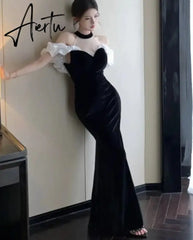 Aiertu French Style Sexy Bodycon Velvet Long Dress Women Elegant Party Prom Black Vestidos Female Fashion Mesh Clothes Spring Autumn Aiertu