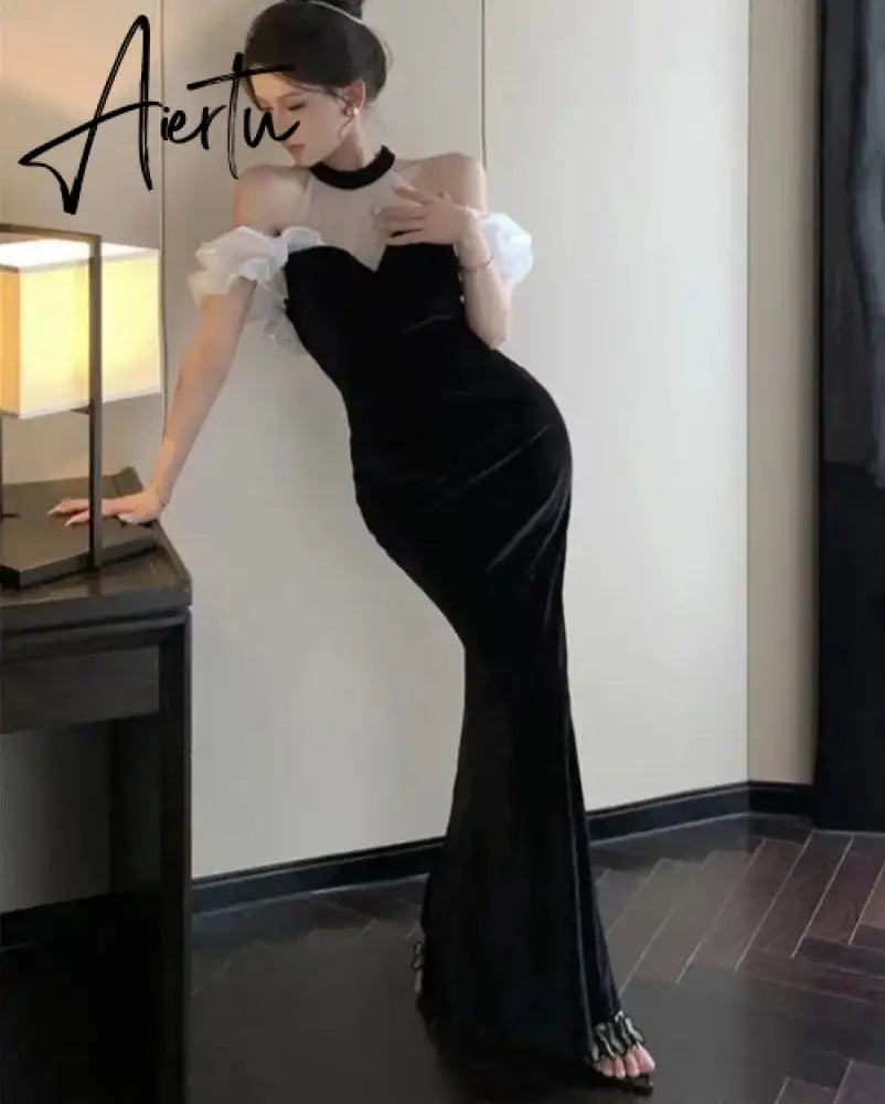 Aiertu French Style Sexy Bodycon Velvet Long Dress Women Elegant Party Prom Black Vestidos Female Fashion Mesh Clothes Spring Autumn Aiertu