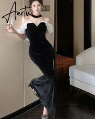 Aiertu French Style Sexy Bodycon Velvet Long Dress Women Elegant Party Prom Black Vestidos Female Fashion Mesh Clothes Spring Autumn Aiertu