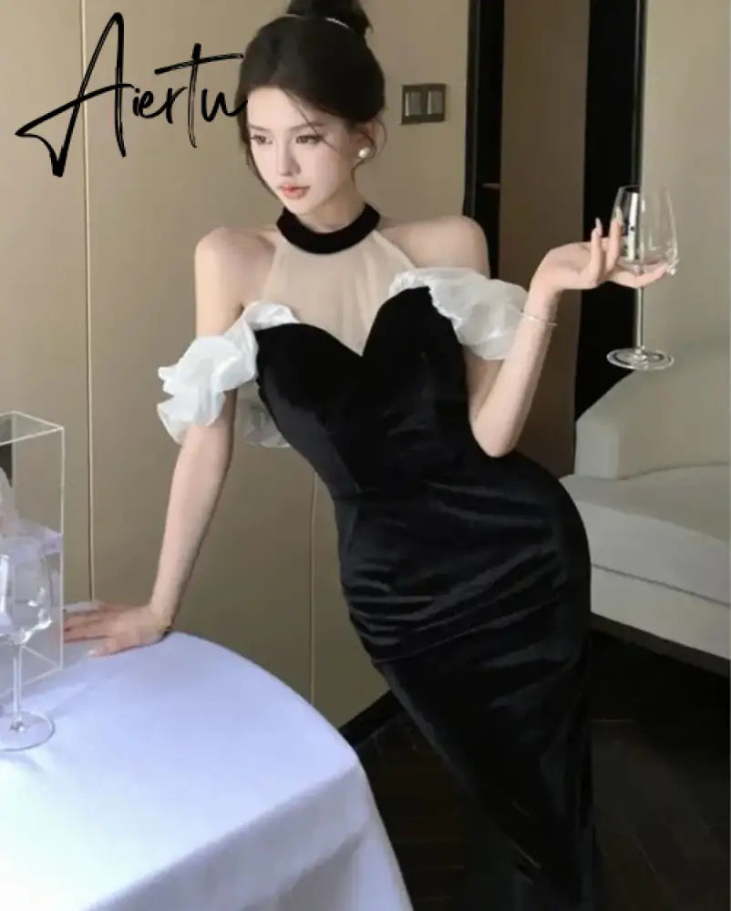 Aiertu French Style Sexy Bodycon Velvet Long Dress Women Elegant Party Prom Black Vestidos Female Fashion Mesh Clothes Spring Autumn Aiertu