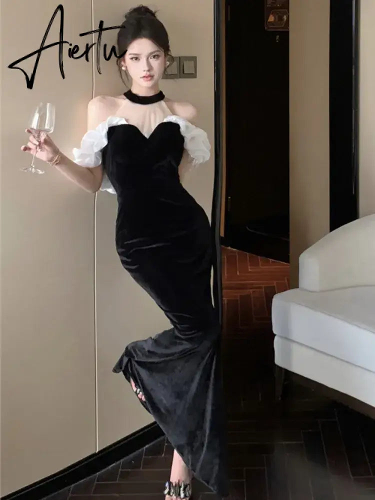 Aiertu French Style Sexy Bodycon Velvet Long Dress Women Elegant Party Prom Black Vestidos Female Fashion Mesh Clothes Spring Autumn Aiertu