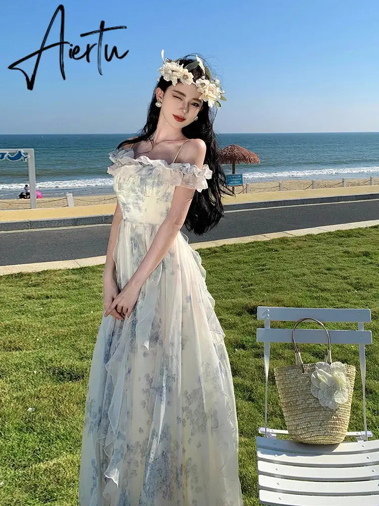 Aiertu French Vintage Bohemian Beige Print Ruffles Slip Long Dresses Summer Elegant Lady Off Shoulder Party Evening Dress Vestidos Robe Aiertu
