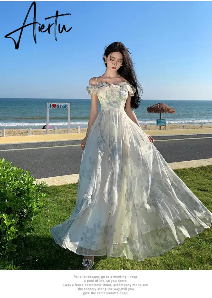 Aiertu French Vintage Bohemian Beige Print Ruffles Slip Long Dresses Summer Elegant Lady Off Shoulder Party Evening Dress Vestidos Robe Aiertu
