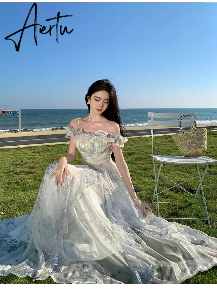 Aiertu French Vintage Bohemian Beige Print Ruffles Slip Long Dresses Summer Elegant Lady Off Shoulder Party Evening Dress Vestidos Robe Aiertu