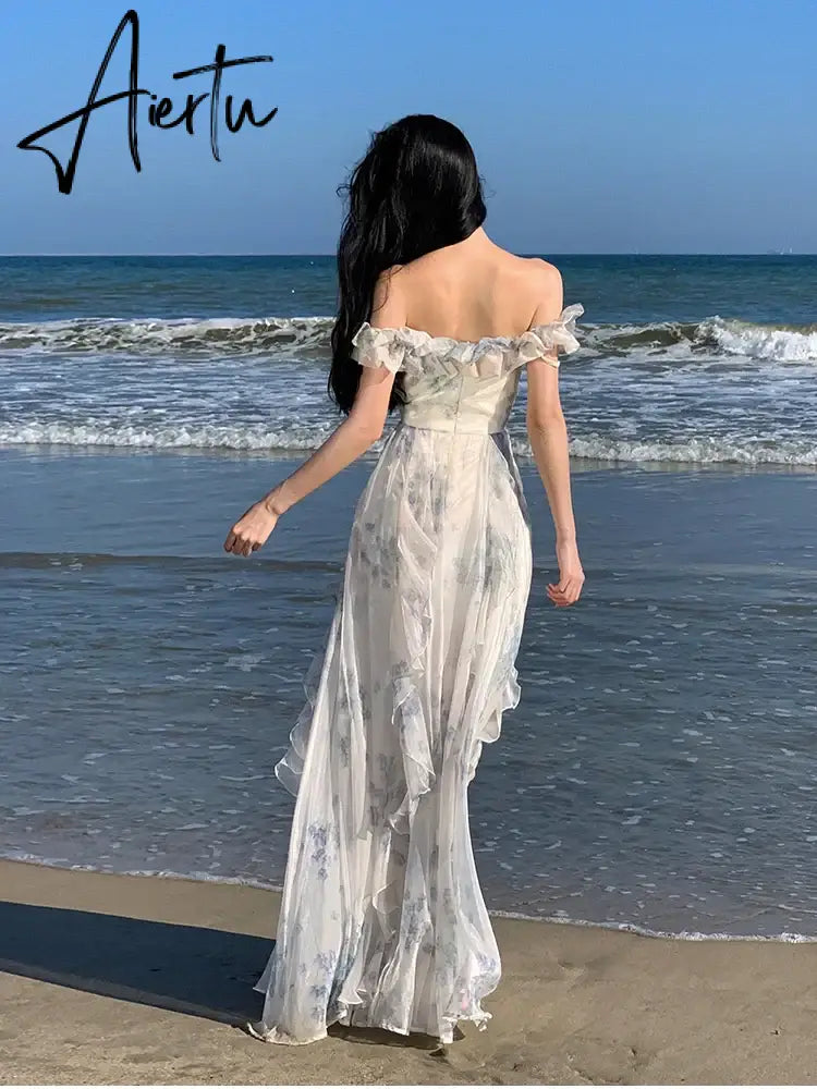 Aiertu French Vintage Bohemian Beige Print Ruffles Slip Long Dresses Summer Elegant Lady Off Shoulder Party Evening Dress Vestidos Robe Aiertu