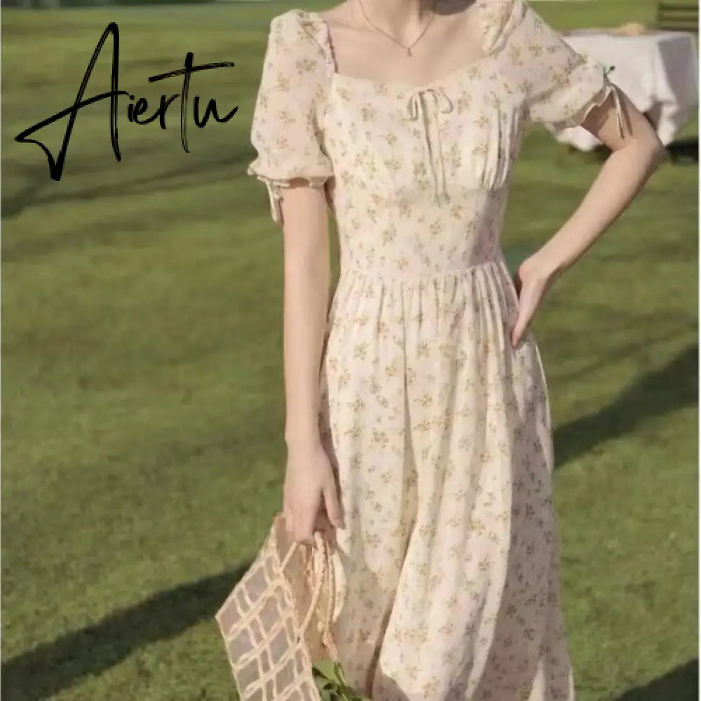 Aiertu  French Vintage Boho Dress Women High Waist Sexy Mini Elegant Dresses Summer Beach Short Sleeve Sweet Floral Dress Romantic Aiertu