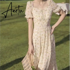 Aiertu  French Vintage Boho Dress Women High Waist Sexy Mini Elegant Dresses Summer Beach Short Sleeve Sweet Floral Dress Romantic Aiertu