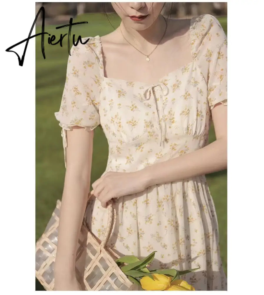 Aiertu  French Vintage Boho Dress Women High Waist Sexy Mini Elegant Dresses Summer Beach Short Sleeve Sweet Floral Dress Romantic Aiertu