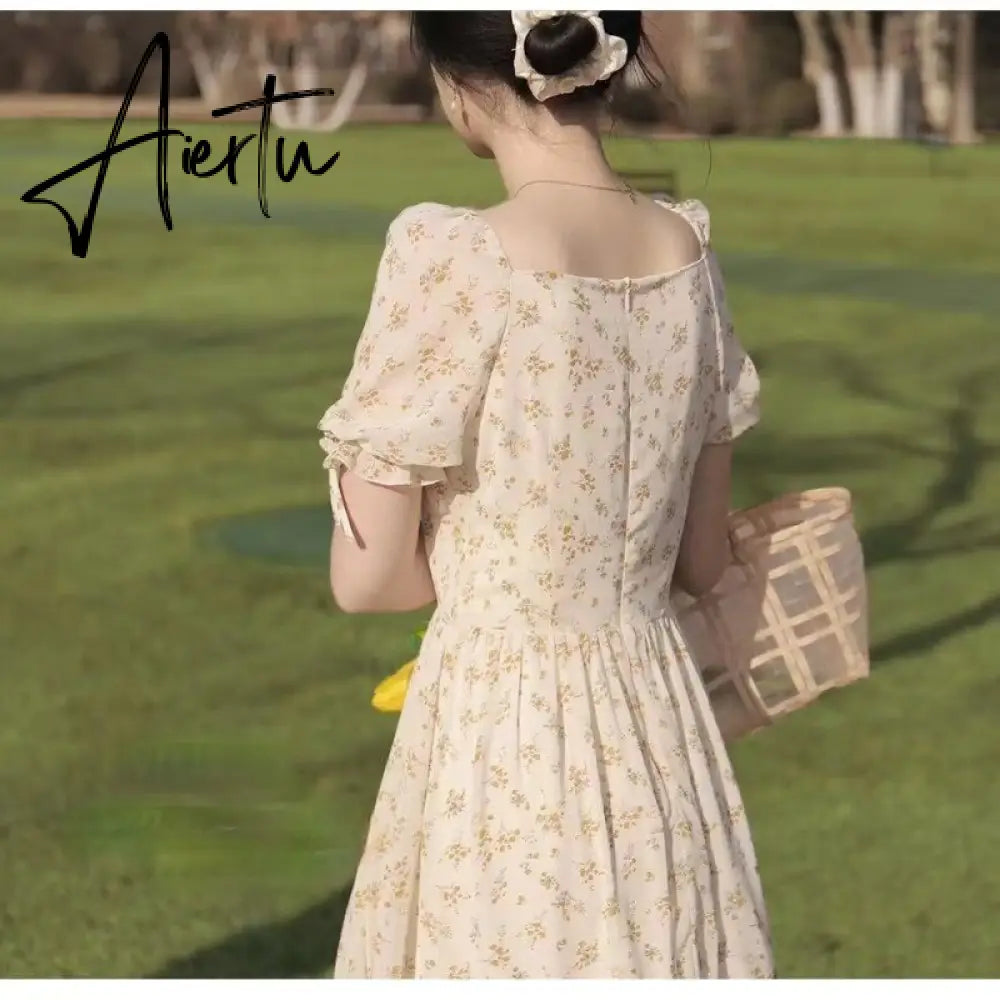 Aiertu  French Vintage Boho Dress Women High Waist Sexy Mini Elegant Dresses Summer Beach Short Sleeve Sweet Floral Dress Romantic Aiertu