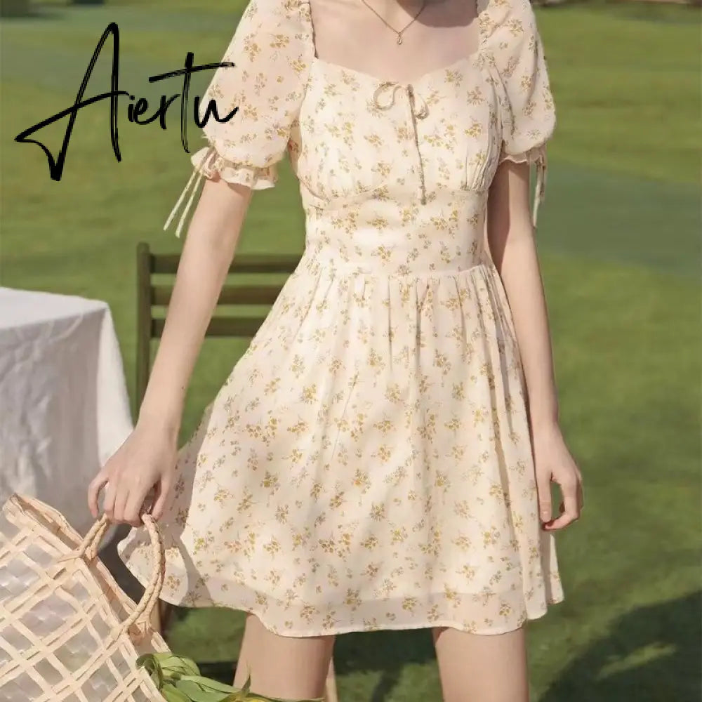 Aiertu  French Vintage Boho Dress Women High Waist Sexy Mini Elegant Dresses Summer Beach Short Sleeve Sweet Floral Dress Romantic Aiertu