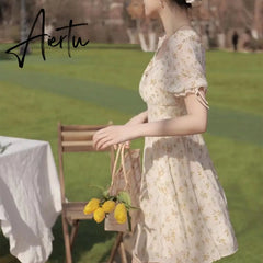 Aiertu  French Vintage Boho Dress Women High Waist Sexy Mini Elegant Dresses Summer Beach Short Sleeve Sweet Floral Dress Romantic Aiertu