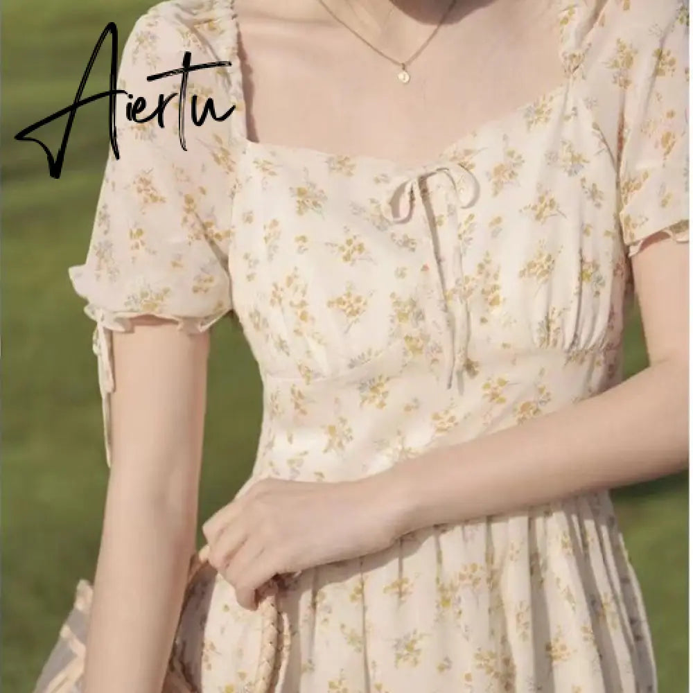 Aiertu  French Vintage Boho Dress Women High Waist Sexy Mini Elegant Dresses Summer Beach Short Sleeve Sweet Floral Dress Romantic Aiertu