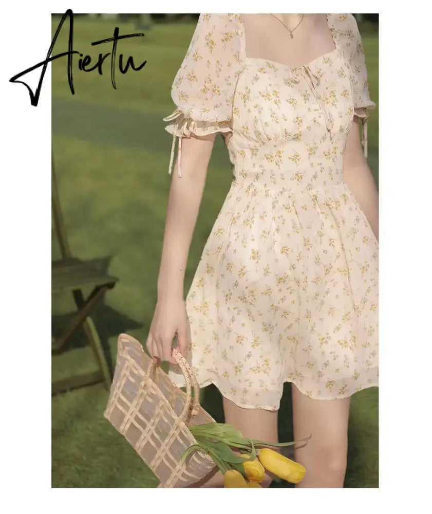 Aiertu  French Vintage Boho Dress Women High Waist Sexy Mini Elegant Dresses Summer Beach Short Sleeve Sweet Floral Dress Romantic Aiertu