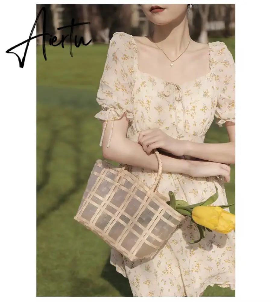 Aiertu  French Vintage Boho Dress Women High Waist Sexy Mini Elegant Dresses Summer Beach Short Sleeve Sweet Floral Dress Romantic Aiertu