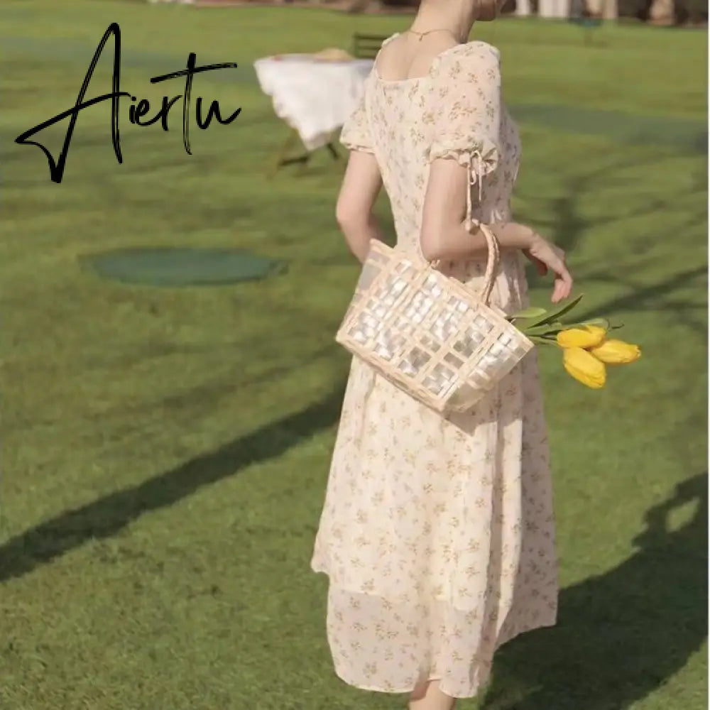 Aiertu  French Vintage Boho Dress Women High Waist Sexy Mini Elegant Dresses Summer Beach Short Sleeve Sweet Floral Dress Romantic Aiertu