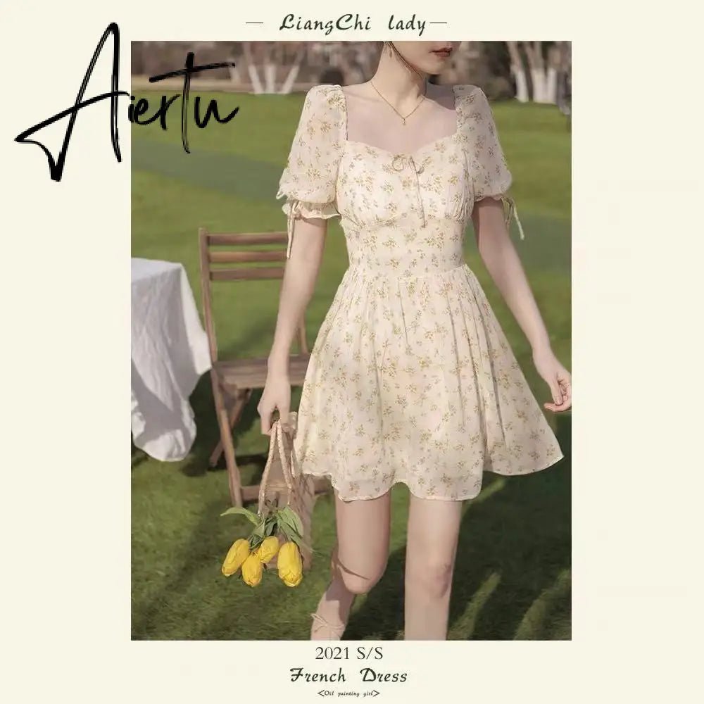Aiertu  French Vintage Boho Dress Women High Waist Sexy Mini Elegant Dresses Summer Beach Short Sleeve Sweet Floral Dress Romantic Aiertu