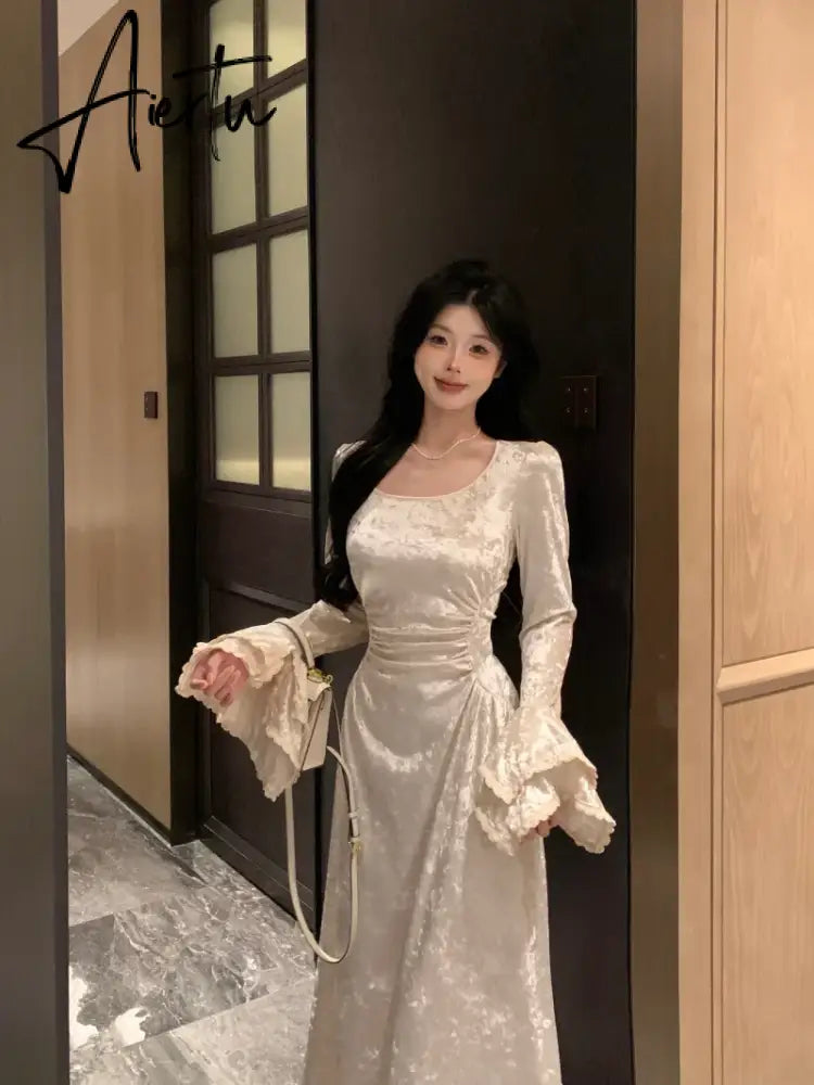Aiertu French Vintage Dress Women Summer Long Sleeve Elegant Party Midi Dress Female Casual Retro One Piece Dress Casual Aiertu