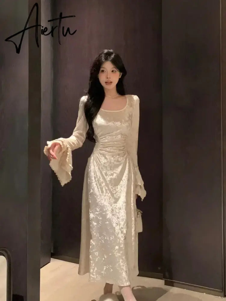 Aiertu French Vintage Dress Women Summer Long Sleeve Elegant Party Midi Dress Female Casual Retro One Piece Dress Casual Aiertu