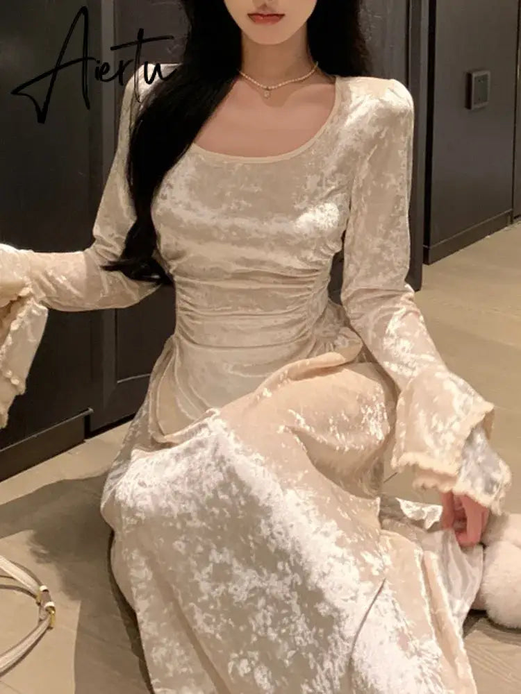 Aiertu French Vintage Dress Women Summer Long Sleeve Elegant Party Midi Dress Female Casual Retro One Piece Dress Casual Aiertu