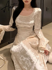 Aiertu French Vintage Dress Women Summer Long Sleeve Elegant Party Midi Dress Female Casual Retro One Piece Dress Casual Aiertu