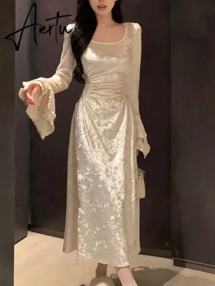 Aiertu French Vintage Dress Women Summer Long Sleeve Elegant Party Midi Dress Female Casual Retro One Piece Dress Casual Aiertu