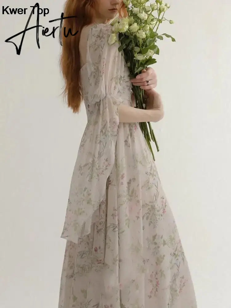 Aiertu French Vintage Floral Midi Dress 2024 Summer New Elegant Casual Beach Evening Party One Piece Dresses Woman Korean Clothes Aiertu