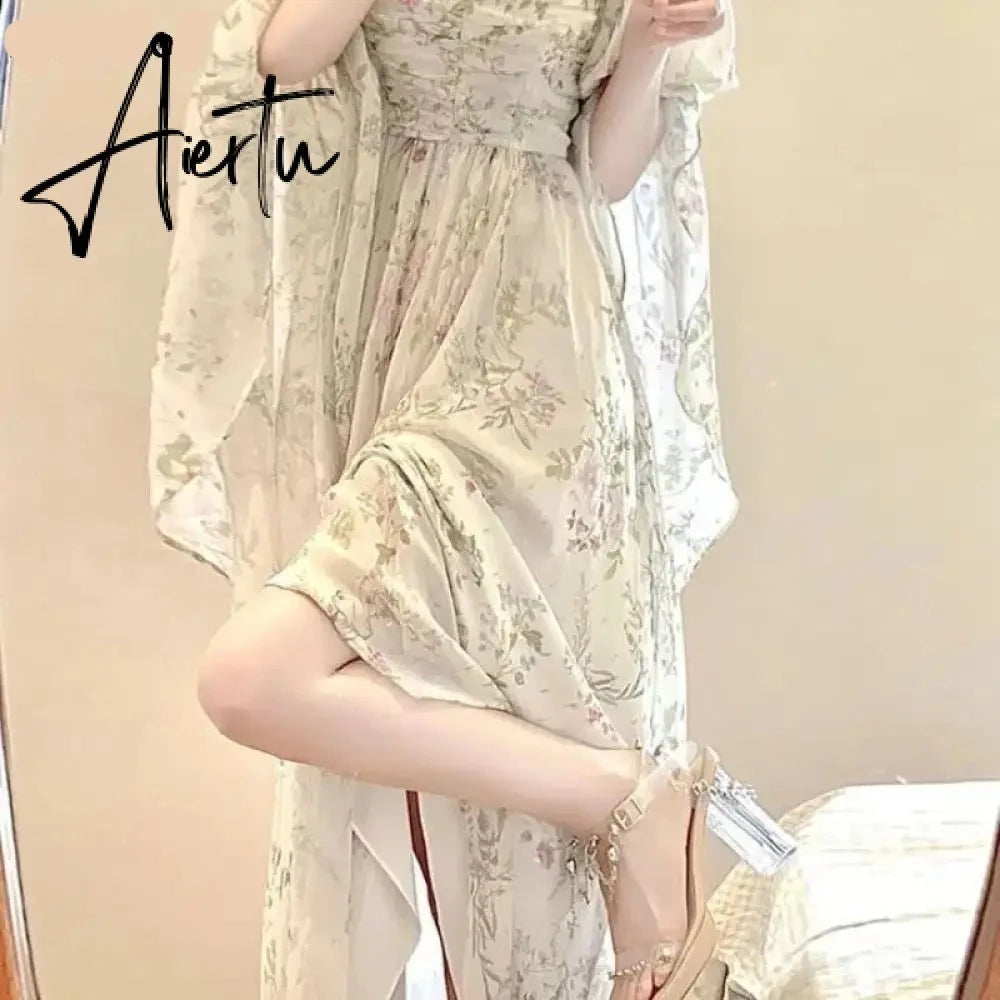 Aiertu French Vintage Floral Midi Dress 2024 Summer New Elegant Casual Beach Evening Party One Piece Dresses Woman Korean Clothes Aiertu