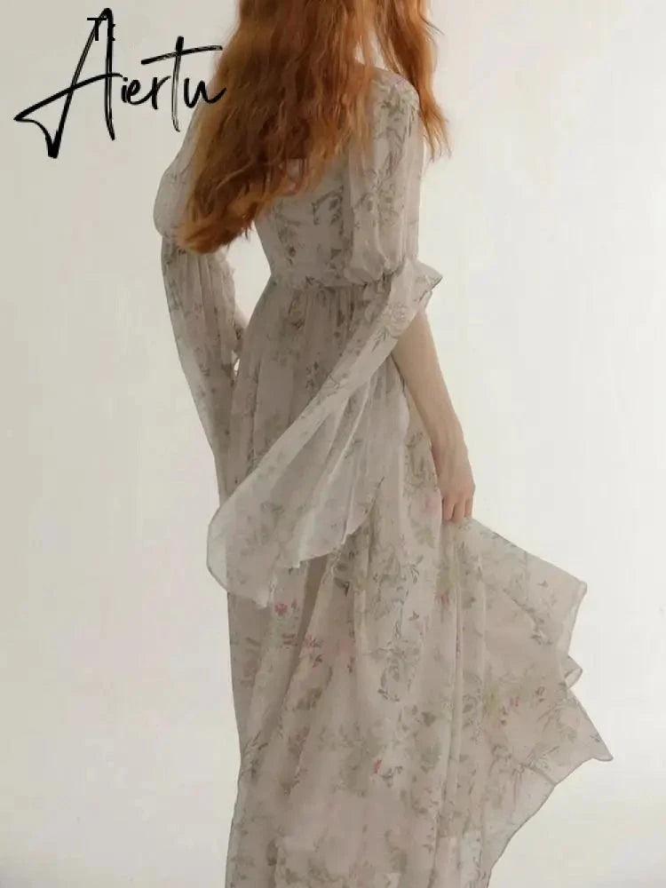 Aiertu French Vintage Floral Midi Dress 2024 Summer New Elegant Casual Beach Evening Party One Piece Dresses Woman Korean Clothes Aiertu