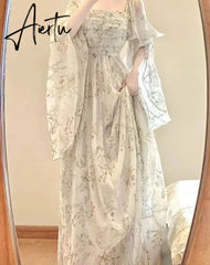 Aiertu French Vintage Floral Midi Dress 2024 Summer New Elegant Casual Beach Evening Party One Piece Dresses Woman Korean Clothes Aiertu