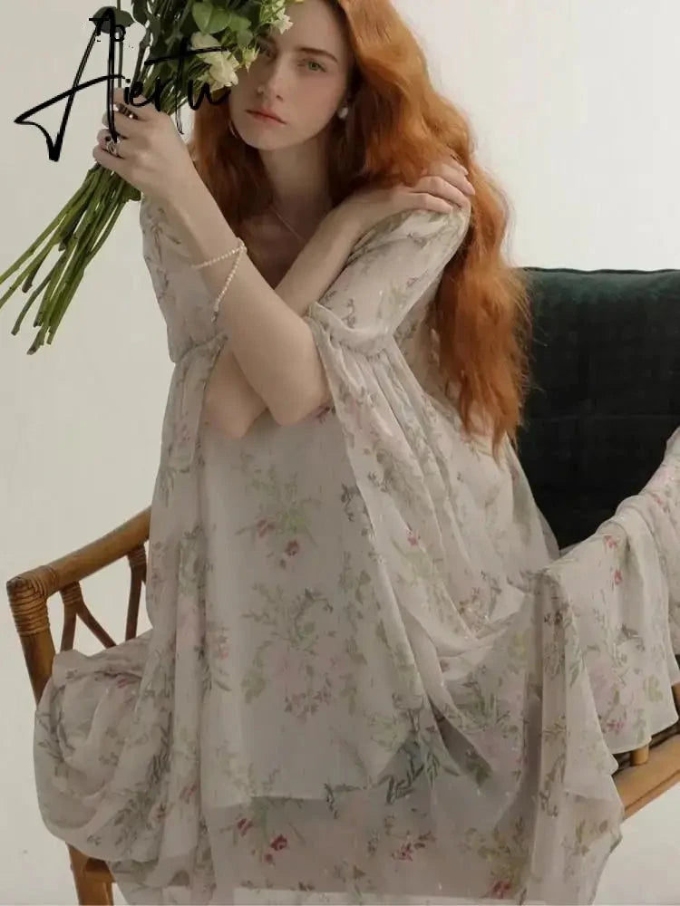 Aiertu French Vintage Floral Midi Dress 2024 Summer New Elegant Casual Beach Evening Party One Piece Dresses Woman Korean Clothes Aiertu