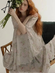Aiertu French Vintage Floral Midi Dress 2024 Summer New Elegant Casual Beach Evening Party One Piece Dresses Woman Korean Clothes Aiertu
