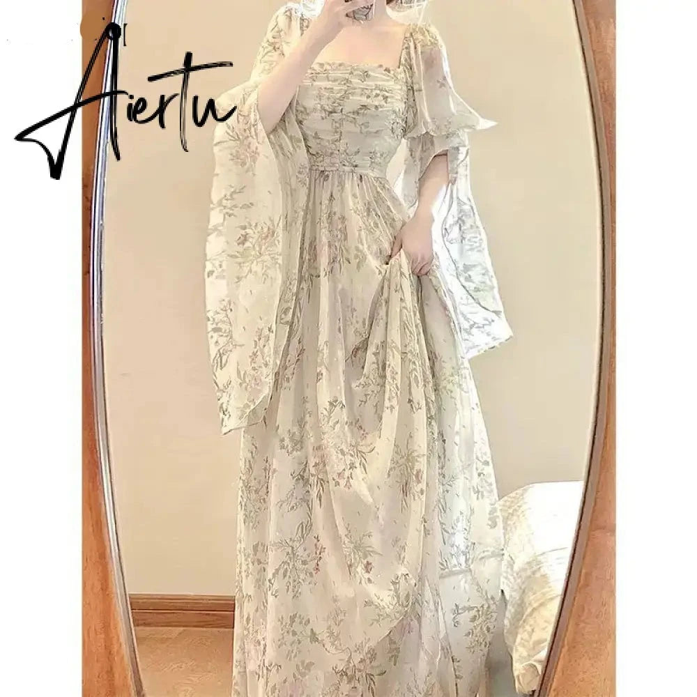 Aiertu French Vintage Floral Midi Dress 2024 Summer New Elegant Casual Beach Evening Party One Piece Dresses Woman Korean Clothes Aiertu
