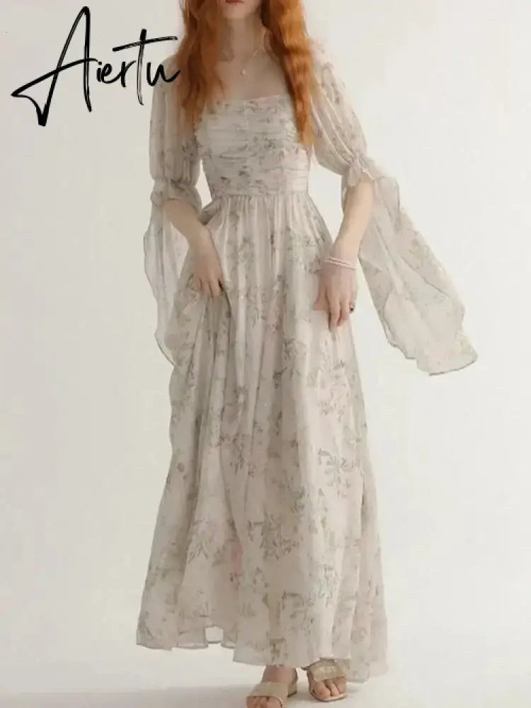 Aiertu French Vintage Floral Midi Dress 2024 Summer New Elegant Casual Beach Evening Party One Piece Dresses Woman Korean Clothes Aiertu