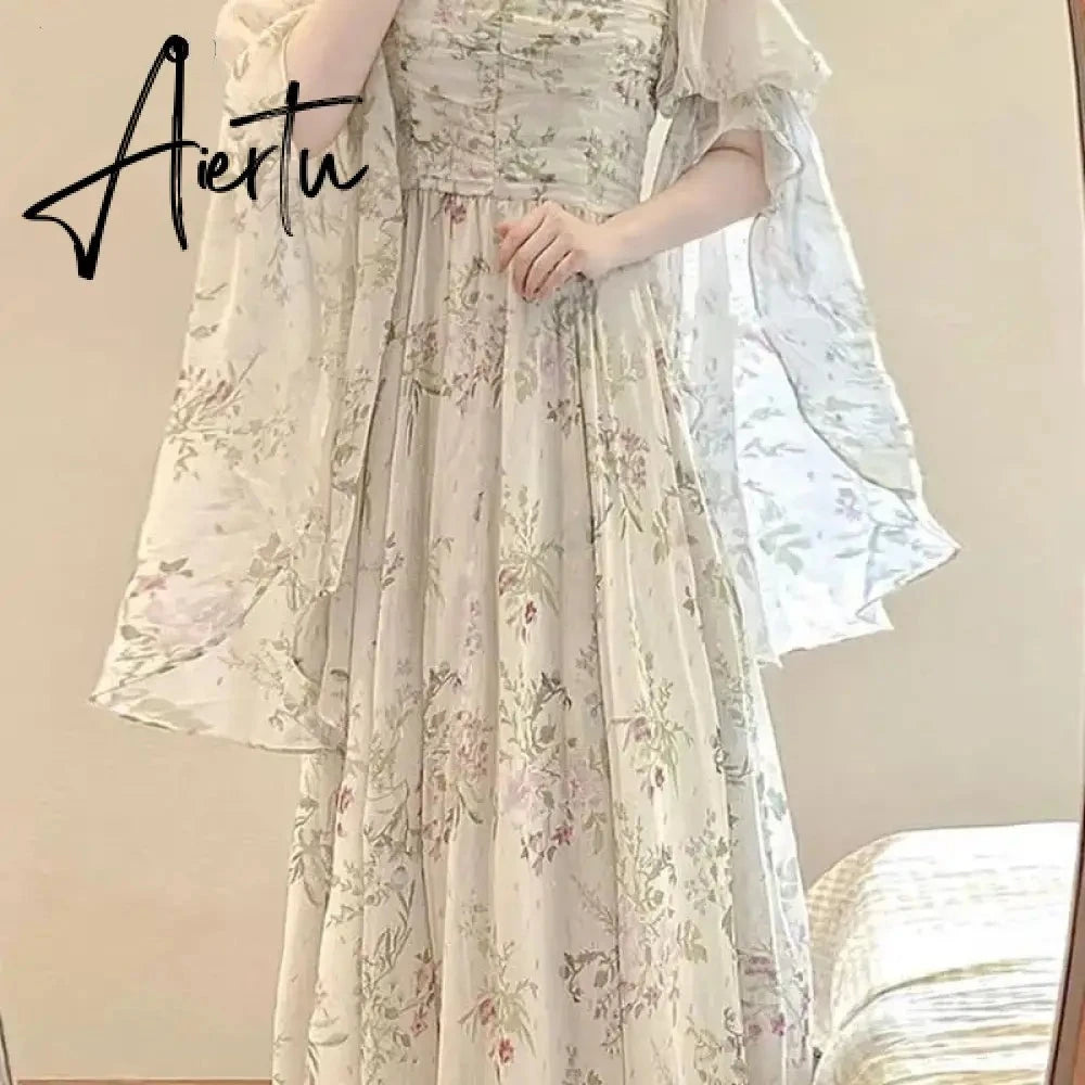 Aiertu French Vintage Floral Midi Dress 2024 Summer New Elegant Casual Beach Evening Party One Piece Dresses Woman Korean Clothes Aiertu
