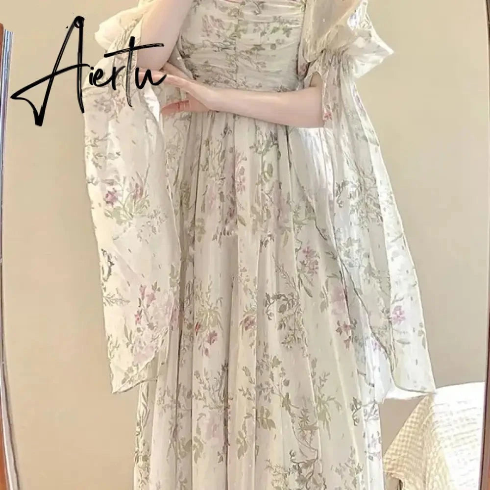 Aiertu French Vintage Floral Midi Dress 2024 Summer New Elegant Casual Beach Evening Party One Piece Dresses Woman Korean Clothes Aiertu
