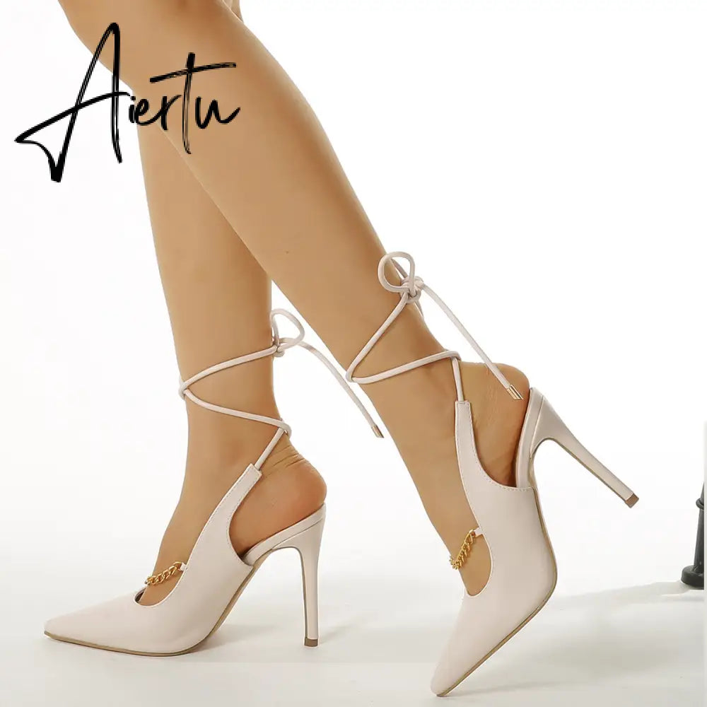 Aiertu  Genuien Leather Vintage Pointed Toe Women Shoes Pumps Spring Summer Party Dancing Slingback Heel Sandals Sadalias Femininas Aiertu