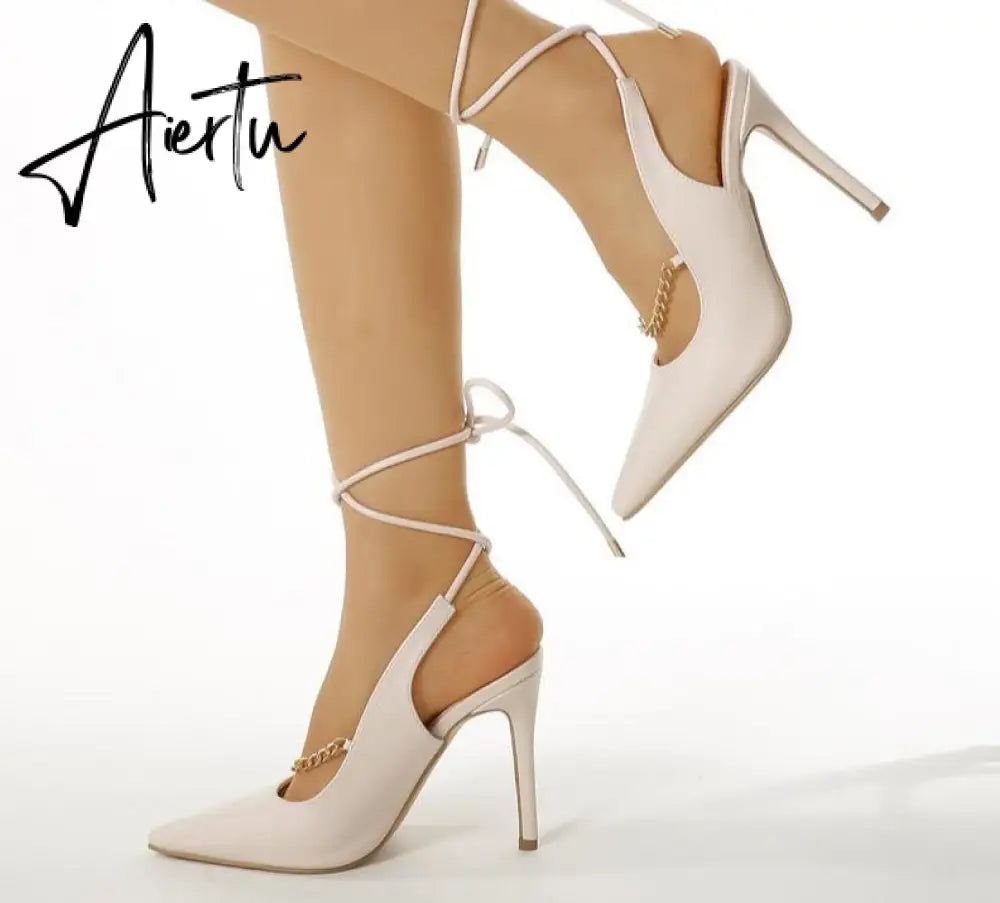 Aiertu  Genuien Leather Vintage Pointed Toe Women Shoes Pumps Spring Summer Party Dancing Slingback Heel Sandals Sadalias Femininas Aiertu