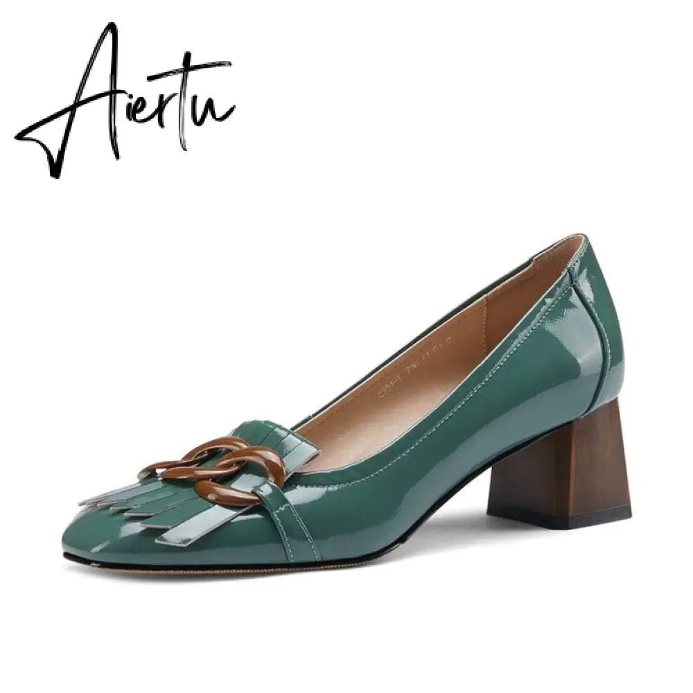 Aiertu Genuine Leather Round Toe Stiletto Medium High Heels Pumps For Women Metal Decoration Shoes Woman  Newest Party Hoes Woman Aiertu