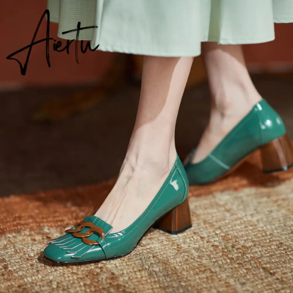 Aiertu Genuine Leather Round Toe Stiletto Medium High Heels Pumps For Women Metal Decoration Shoes Woman  Newest Party Hoes Woman Aiertu