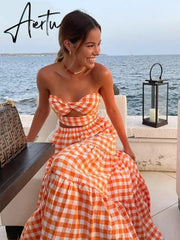 Aiertu  Gingham Print Off Shoulder Sexy Front Cut Out Summer Dress Long Elegant Plaid Vintage Strapless Beach Dress Sleeveless Aiertu