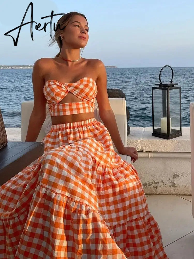 Aiertu  Gingham Print Off Shoulder Sexy Front Cut Out Summer Dress Long Elegant Plaid Vintage Strapless Beach Dress Sleeveless Aiertu